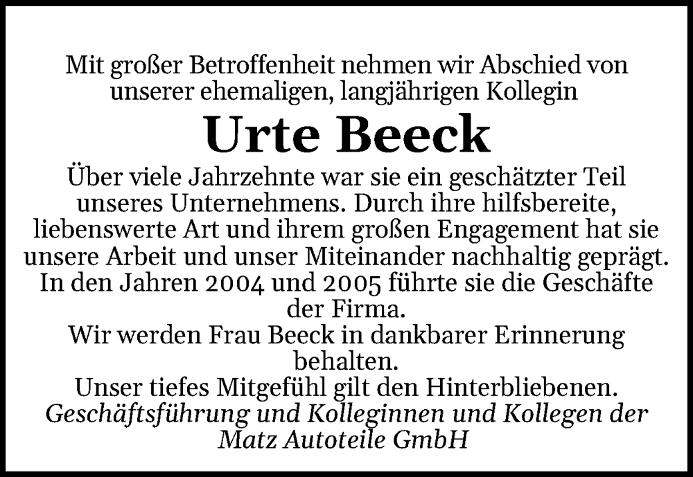  Traueranzeige für Urte Beeck vom 27.12.2025 aus Flensburger Tageblatt
