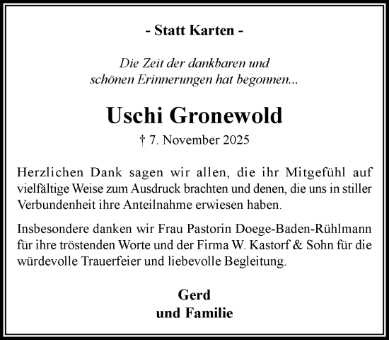 Traueranzeige von Uschi Gronewold von MARKT Ahrensburg/Bargteheide/Trittau und Stormarner Tageblatt