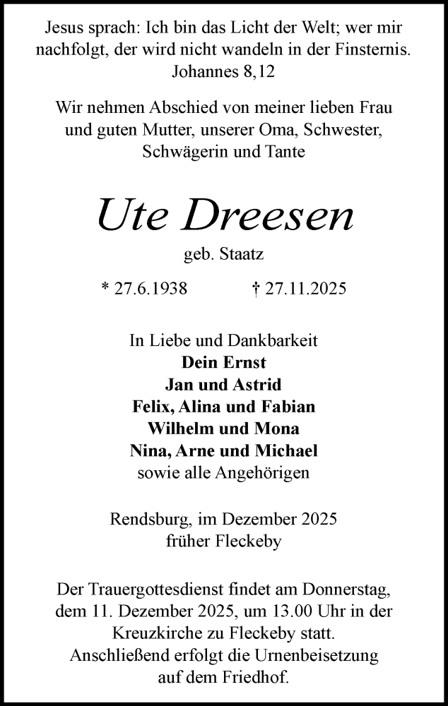  Traueranzeige für Ute Dreesen vom 06.12.2025 aus Eckernförder Zeitung, Hallo Eckernförde