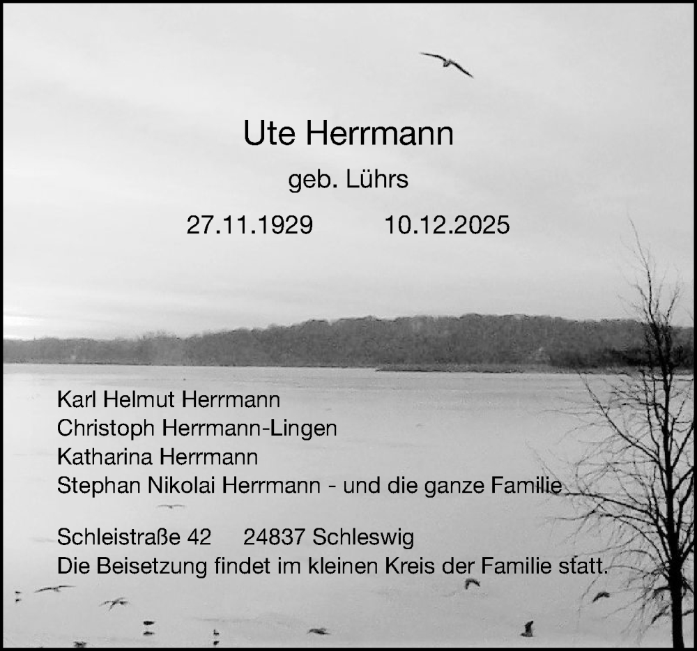  Traueranzeige für Ute Herrmann vom 13.12.2025 aus Schleswiger Nachrichten, Schlei-Bote