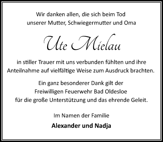 Traueranzeige von Ute Mielau von MARKT Bad Oldesloe/Reinfeld und Stormarner Tageblatt