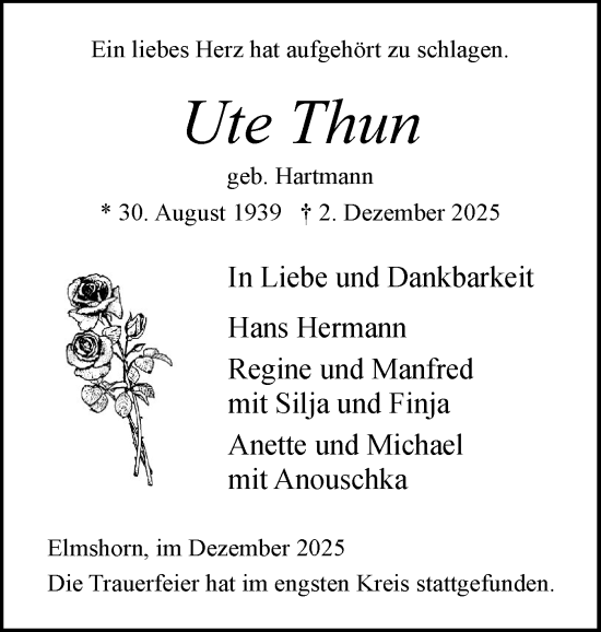 Traueranzeige von Ute Thun von Elmshorner Nachrichten, Barmstedter Zeitung