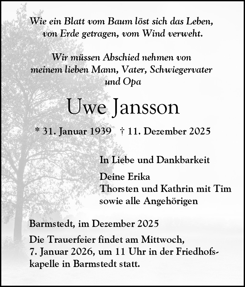  Traueranzeige für Uwe Jansson vom 27.12.2025 aus Elmshorner Nachrichten, Barmstedter Zeitung