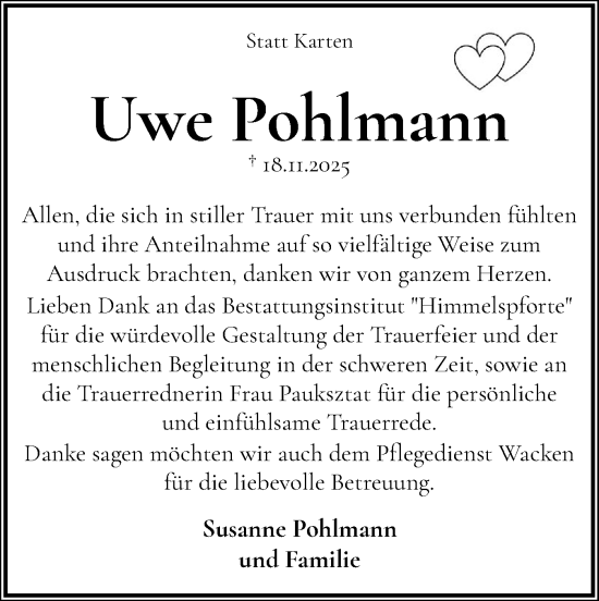 Traueranzeige von Uwe Pohlmann von Norddeutsche Rundschau, Wilstersche Zeitung, Glückstädter Fortuna