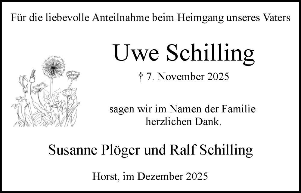  Traueranzeige für Uwe Schilling vom 13.12.2025 aus Elmshorner Nachrichten, Barmstedter Zeitung