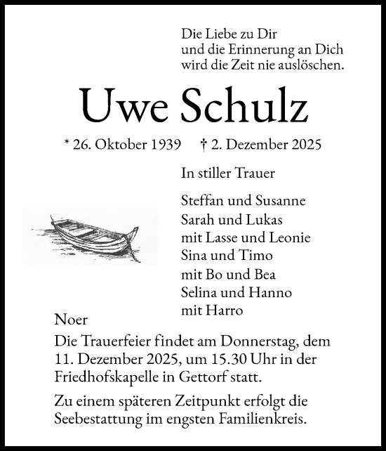Traueranzeige von Uwe Schulz von Eckernförder Zeitung