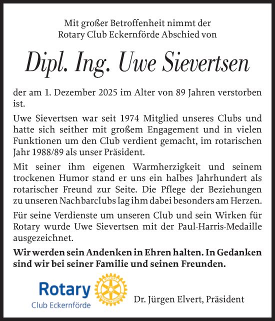 Traueranzeige von Uwe Sievertsen von Eckernförder Zeitung, Hallo Eckernförde