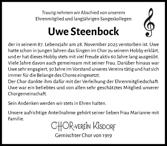 Traueranzeige von Uwe Steenbock von Umschau