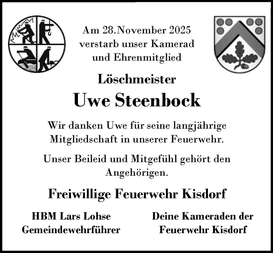 Traueranzeige von Uwe Steenbock von Umschau