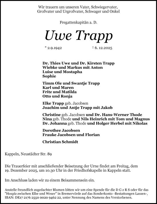 Traueranzeige von Uwe Trapp von Schleswiger Nachrichten, Schlei-Bote
