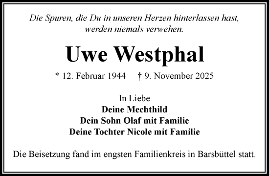 Traueranzeige von Uwe Westphal von MARKT Glinde/Reinfeld