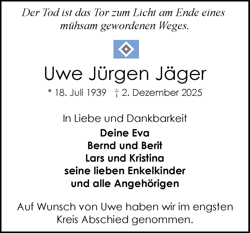  Traueranzeige für Uwe Jürgen Jäger vom 20.12.2025 aus Schleswig-Holsteinische Landeszeitung
