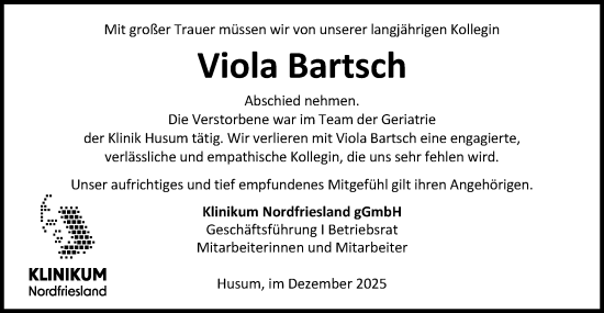 Traueranzeige von Viola Bartsch von Husumer Nachrichten, Nordfriesland Tageblatt