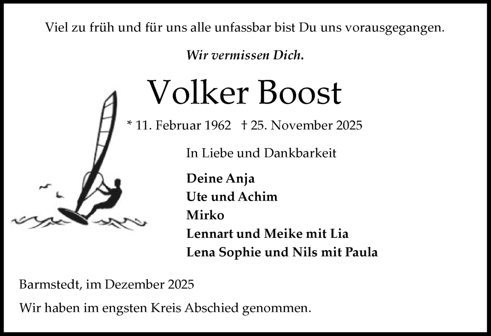  Traueranzeige für Volker Boost vom 06.12.2025 aus Elmshorner Nachrichten, Barmstedter Zeitung