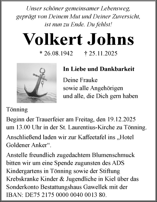 Traueranzeige von Volkert Johns von Husumer Nachrichten, Nordfriesland Tageblatt