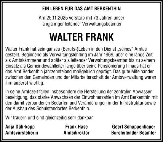 Traueranzeige von Walter Frank von MARKT Ratzeburg/Mölln