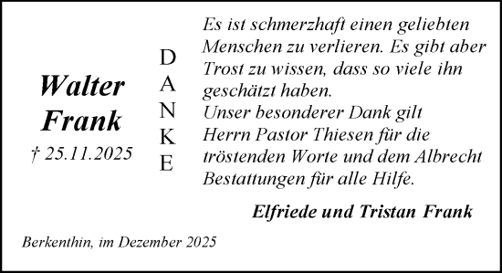 Traueranzeige von Walter Frank von MARKT Ratzeburg/Mölln