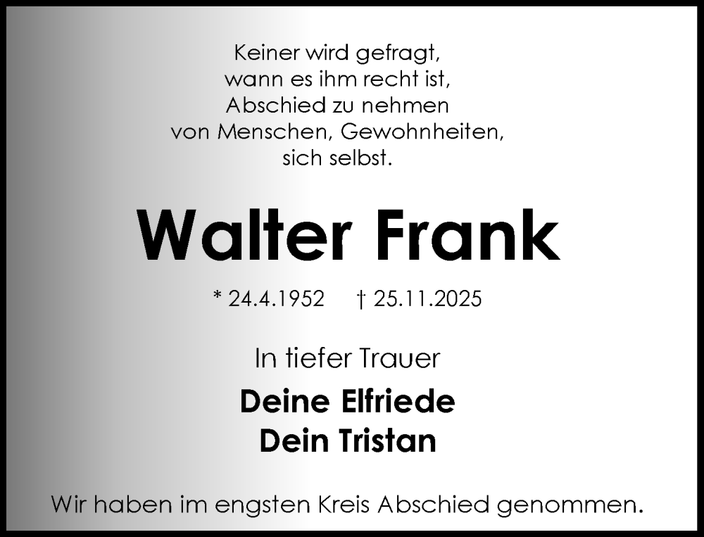  Traueranzeige für Walter Frank vom 13.12.2025 aus MARKT Ratzeburg/Mölln