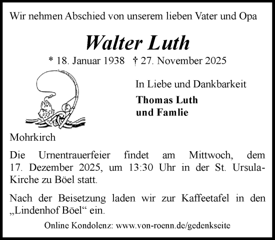 Traueranzeige von Walter Luth von Schleswiger Nachrichten, Schlei-Bote