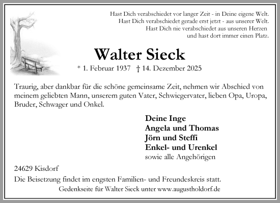 Traueranzeige von Walter Sieck von Umschau