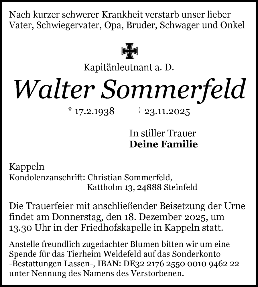  Traueranzeige für Walter Sommerfeld vom 09.12.2025 aus Schleswiger Nachrichten, Schlei-Bote