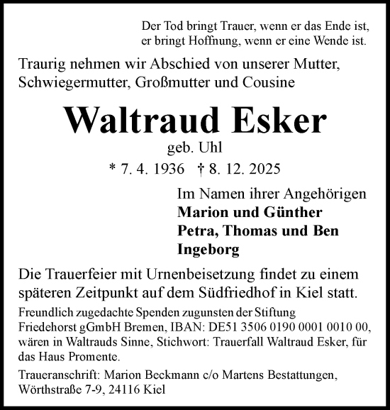 Traueranzeige von Waltraud Esker von Eckernförder Zeitung, Hallo Eckernförde