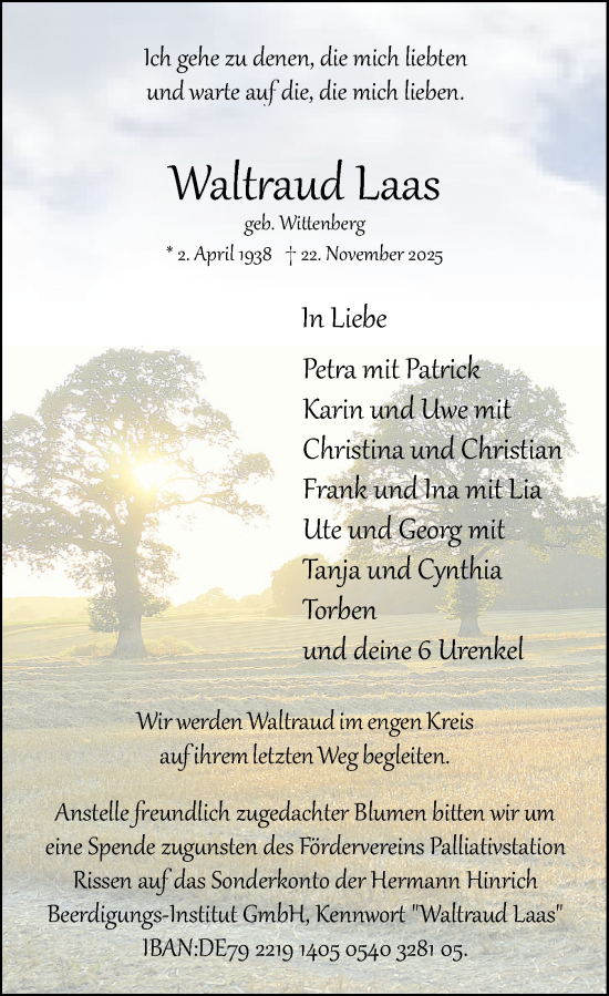 Traueranzeige von Waltraud Laas von Elmshorner Nachrichten, Barmstedter Zeitung