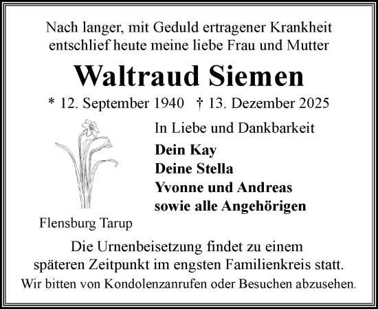 Traueranzeige von Waltraud Siemen von Flensburger Tageblatt