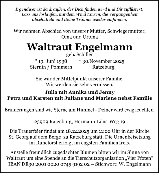 Traueranzeige von Waltraut Engelmann von MARKT Ratzeburg/Mölln