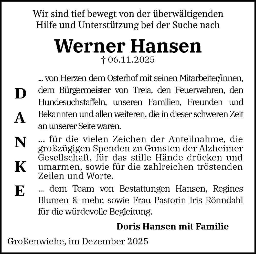  Traueranzeige für Werner Hansen vom 13.12.2025 aus Region Flensburg