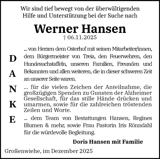 Traueranzeige von Werner Hansen von Region Flensburg