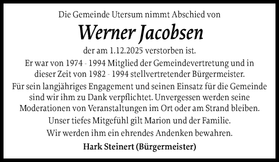 Traueranzeige von Werner Jacobsen von Der Insel-Bote