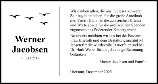 Traueranzeige von Werner Jacobsen von Der Insel-Bote