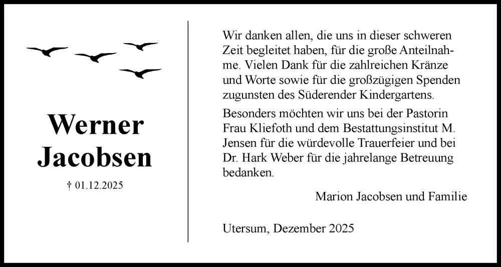  Traueranzeige für Werner Jacobsen vom 20.12.2025 aus Der Insel-Bote