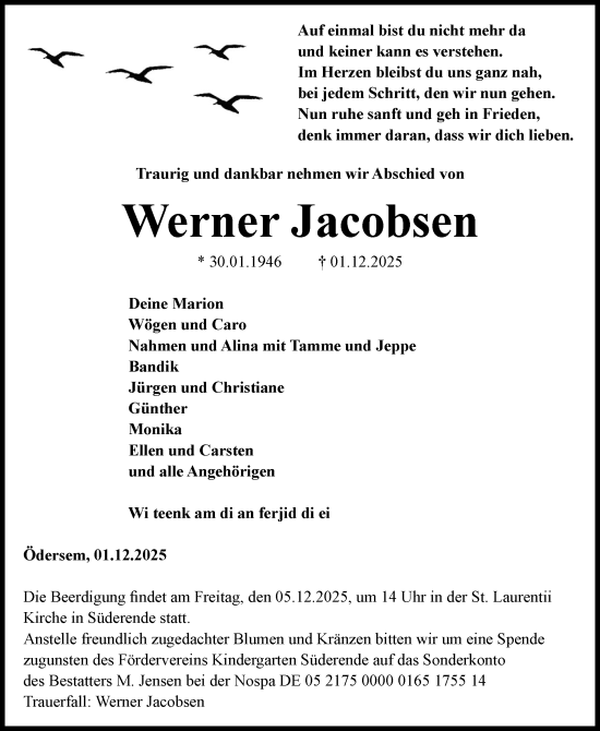 Traueranzeige von Werner Jacobsen von Der Insel-Bote