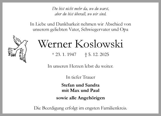 Traueranzeige von Werner Koslowski von Umschau