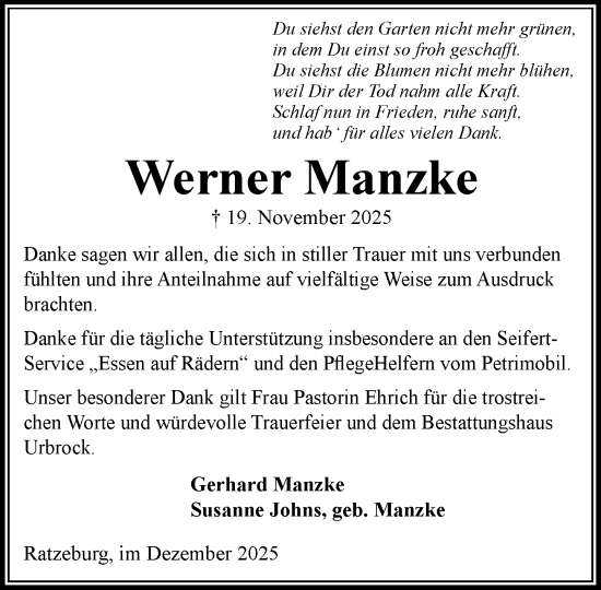 Traueranzeige von Werner Manzke von MARKT Ratzeburg/Mölln