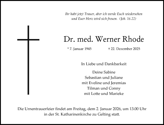 Traueranzeige von Werner Rhode von Flensburger Tageblatt, Schleswiger Nachrichten, Schlei-Bote