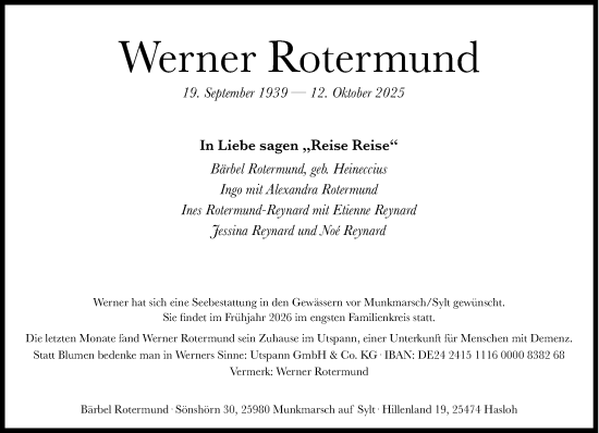 Traueranzeige von Werner Rotermund von Sylter Rundschau