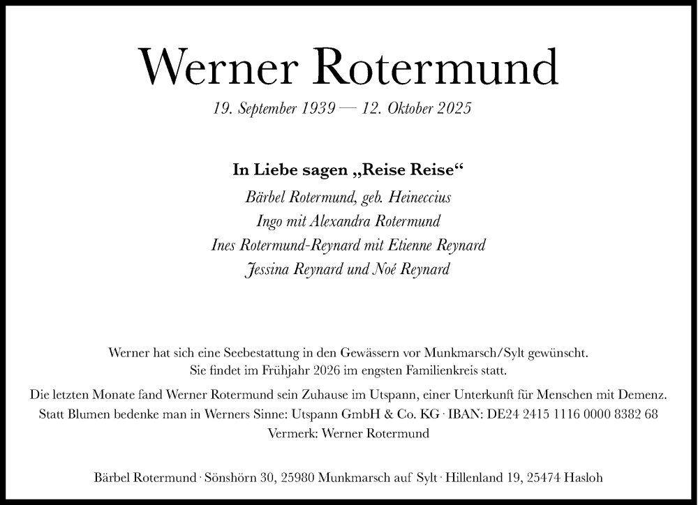  Traueranzeige für Werner Rotermund vom 06.12.2025 aus Sylter Rundschau