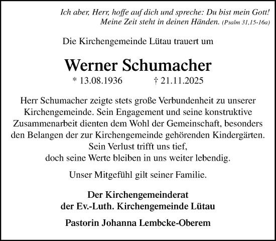Traueranzeige von Werner Schumacher von Wochenend Anzeiger