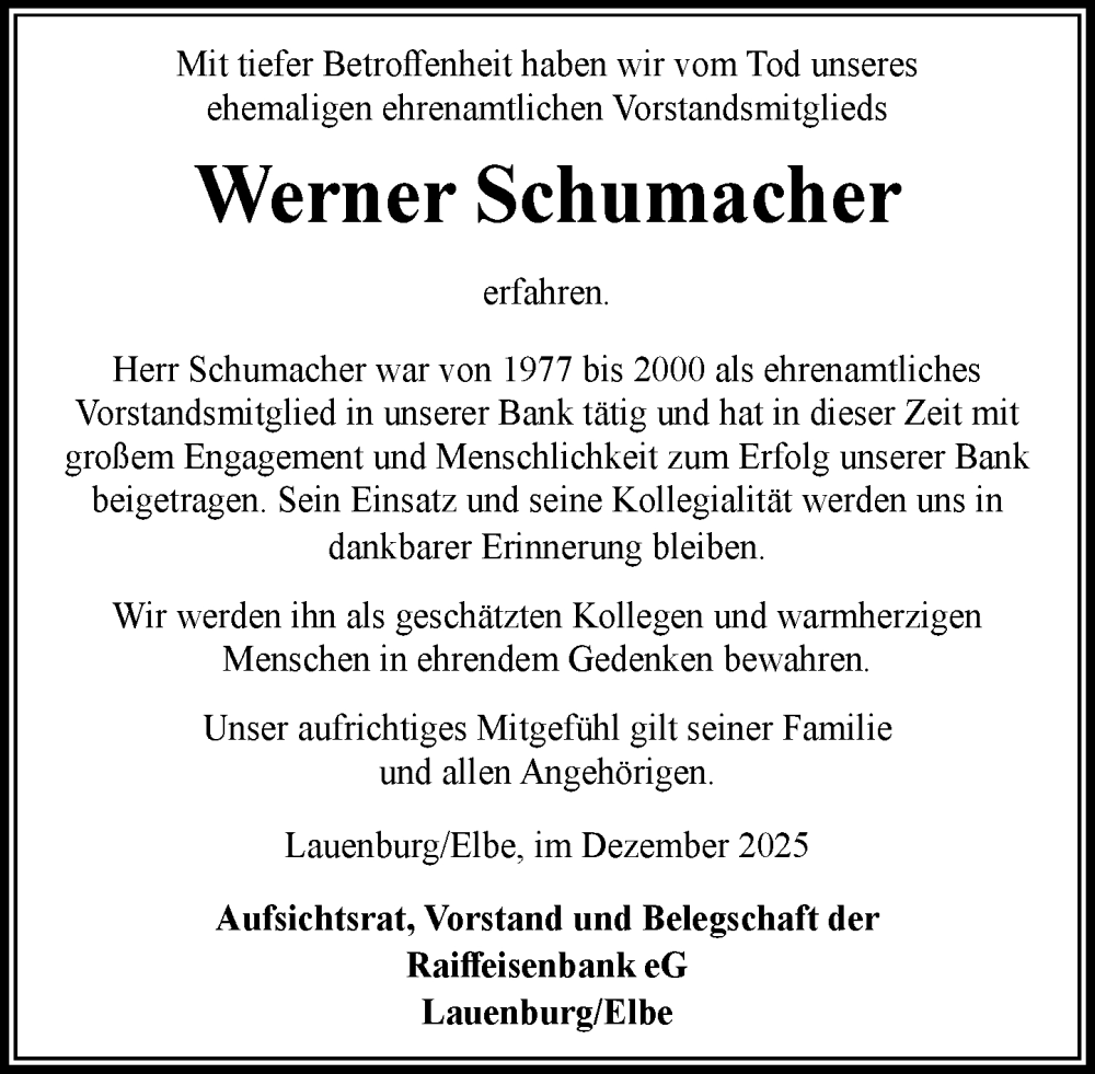  Traueranzeige für Werner Schumacher vom 13.12.2025 aus Wochenend Anzeiger
