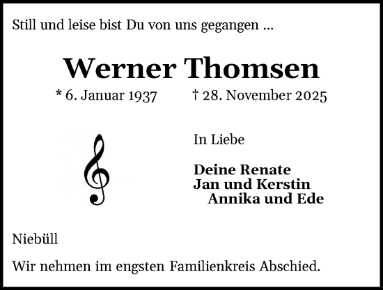 Traueranzeige von Werner Thomsen von Husumer Nachrichten, Nordfriesland Tageblatt