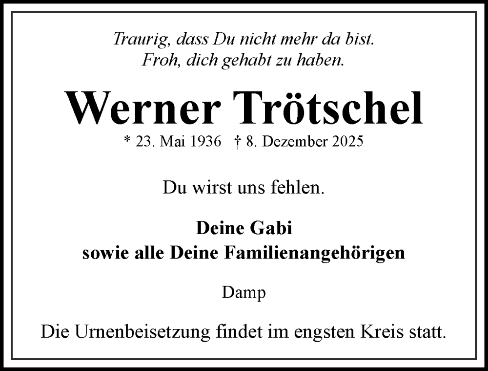  Traueranzeige für Werner Trötschel vom 20.12.2025 aus Eckernförder Zeitung, Hallo Eckernförde
