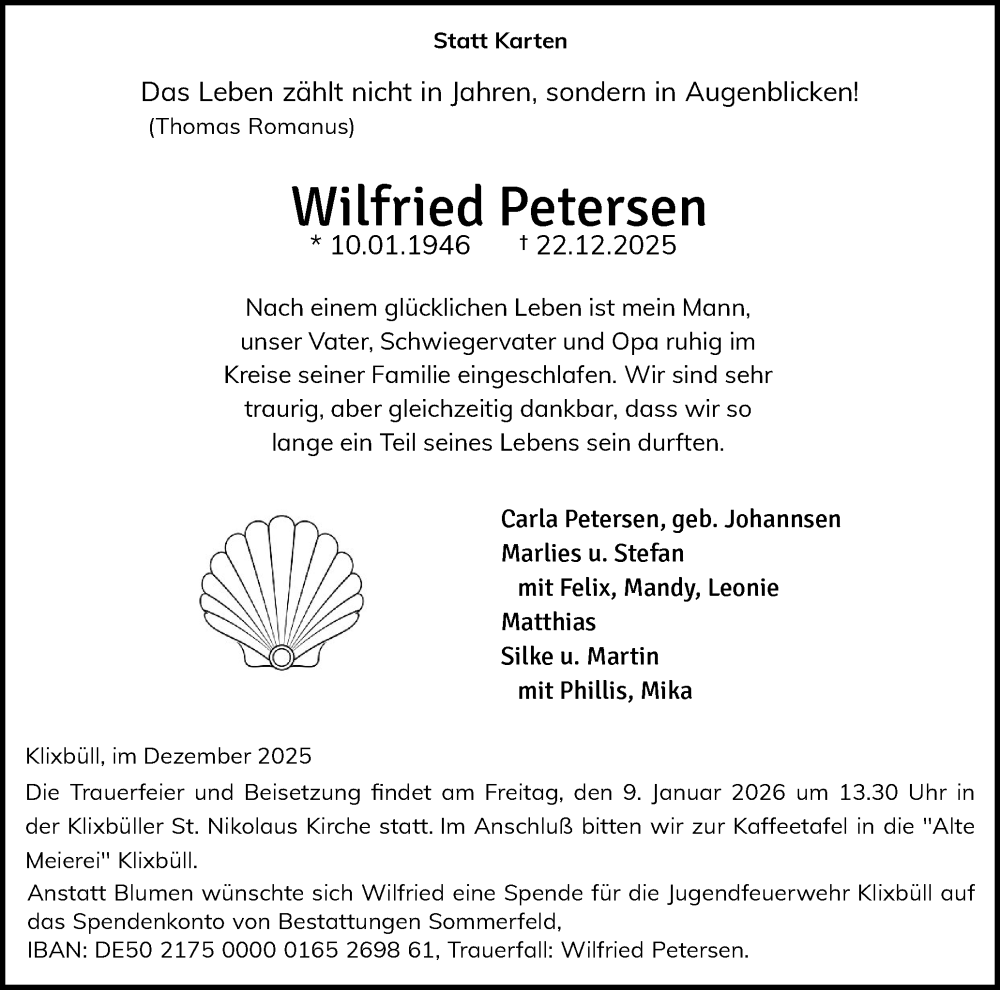  Traueranzeige für Wilfried Petersen vom 31.12.2025 aus Husumer Nachrichten, Nordfriesland Tageblatt