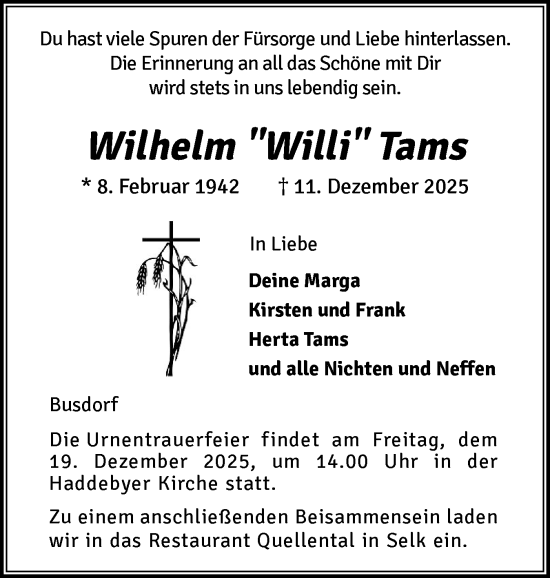 Traueranzeige von Wilhelm Tams von Schleswiger Nachrichten, Schlei-Bote