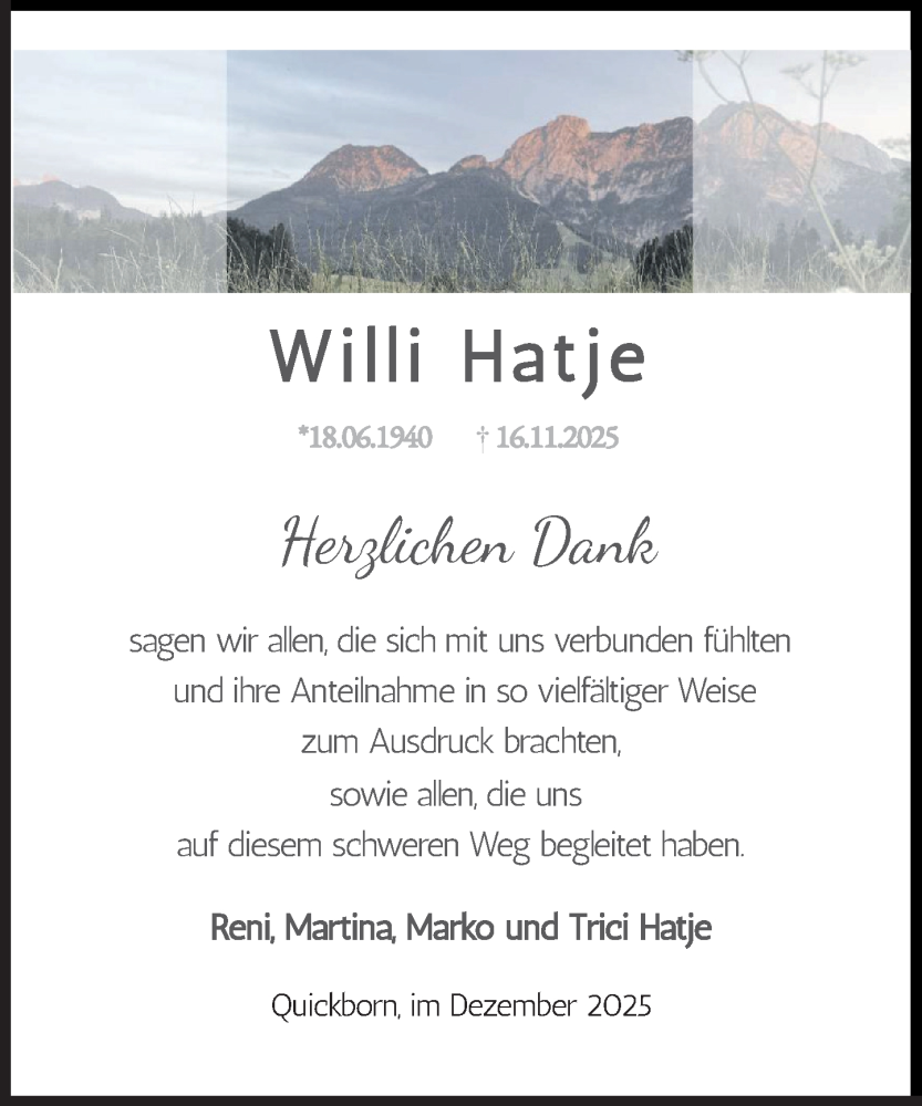  Traueranzeige für Willi Hatje vom 20.12.2025 aus Umschau