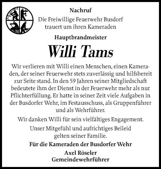 Traueranzeige von Willi Tams von Schleswiger Nachrichten, Schlei-Bote