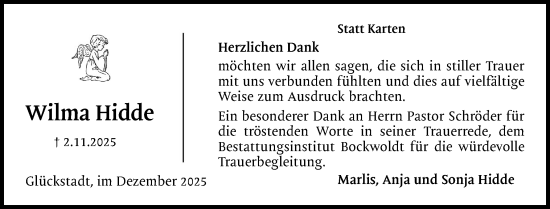 Traueranzeige von Wilma Hidde von Norddeutsche Rundschau, Wilstersche Zeitung, Glückstädter Fortuna