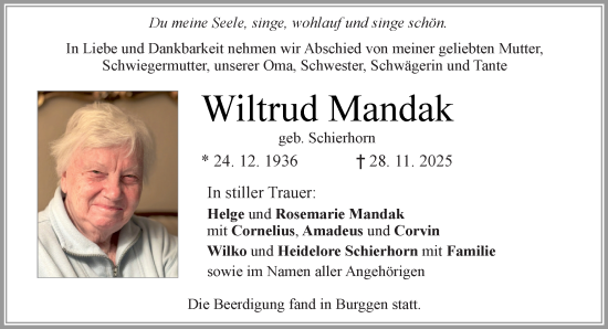 Traueranzeige von Wiltrud Mandak von Heimatspiegel